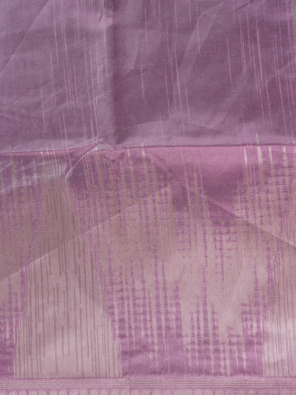 Mauve semi tussar saree with silver zari streaks and temple motif border