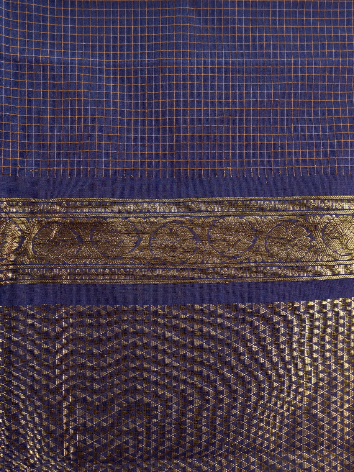 Navy blue Chettinad cotton saree with mustard-gold checks and contrast gold zari temple border