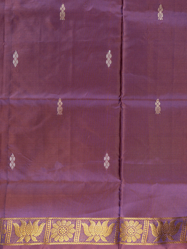 Purple banana silk saree with gold zari lotus border and contrast lime green pallu