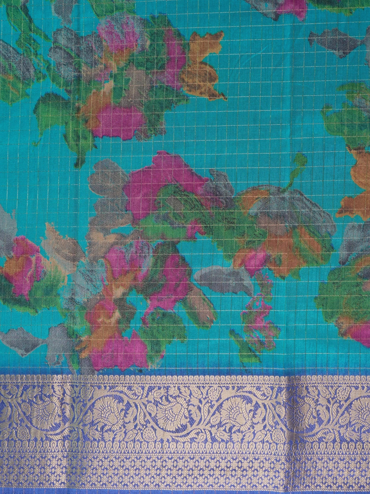 Teal Dola silk saree with multicolour floral print and contrast blue gold zari border