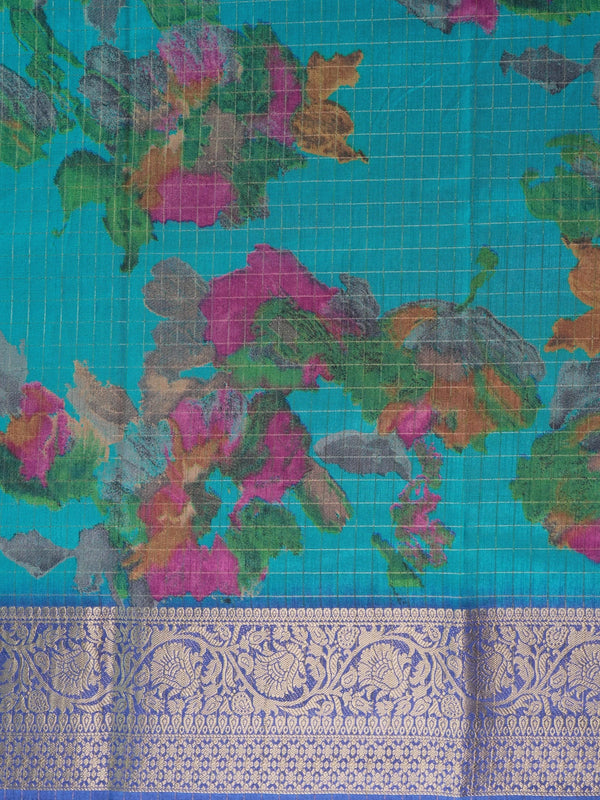 Teal Dola silk saree with multicolour floral print and contrast blue gold zari border