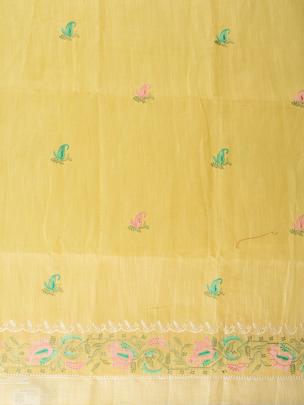 Yellow linen cotton saree with embroidered paisley buti motifs and gold zari border