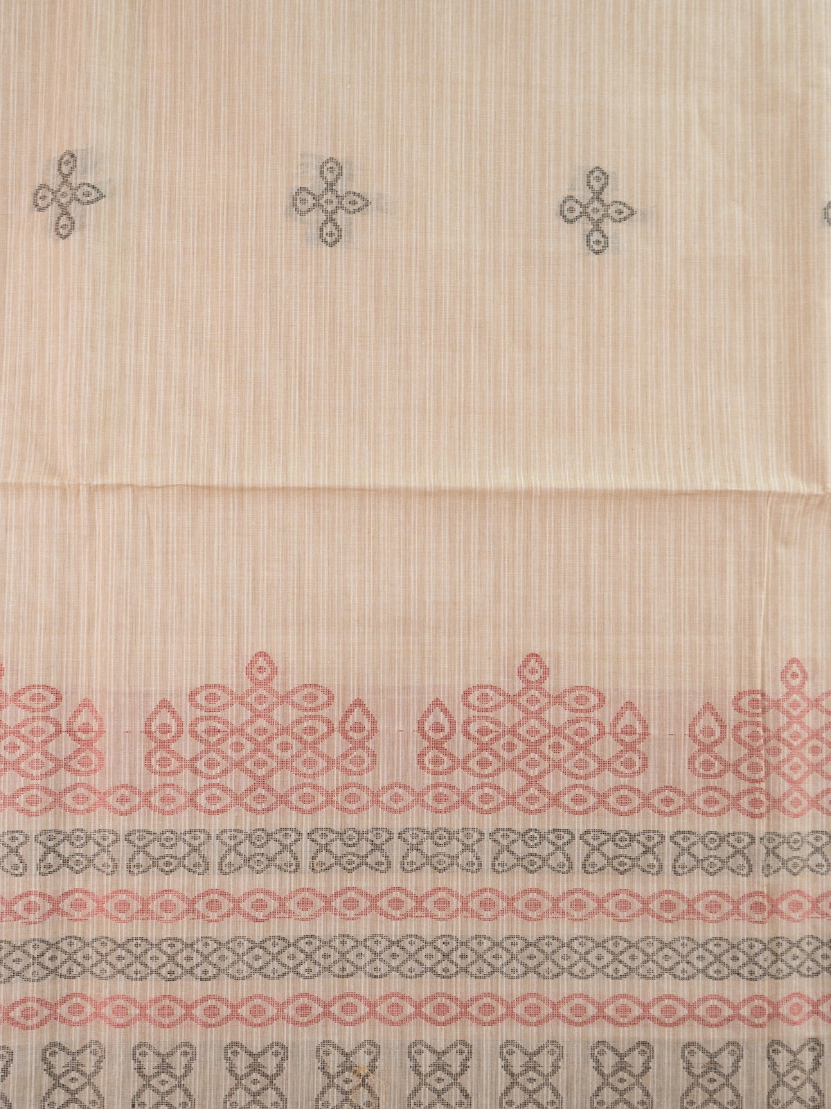 Beige and tan semi raw silk saree with contrast tan border and woven kolam motifs