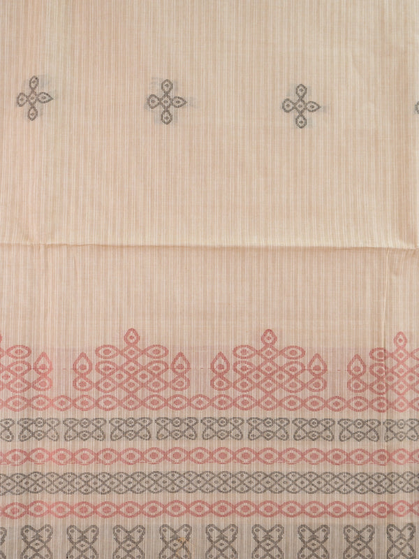 Beige and tan semi raw silk saree with contrast tan border and woven kolam motifs