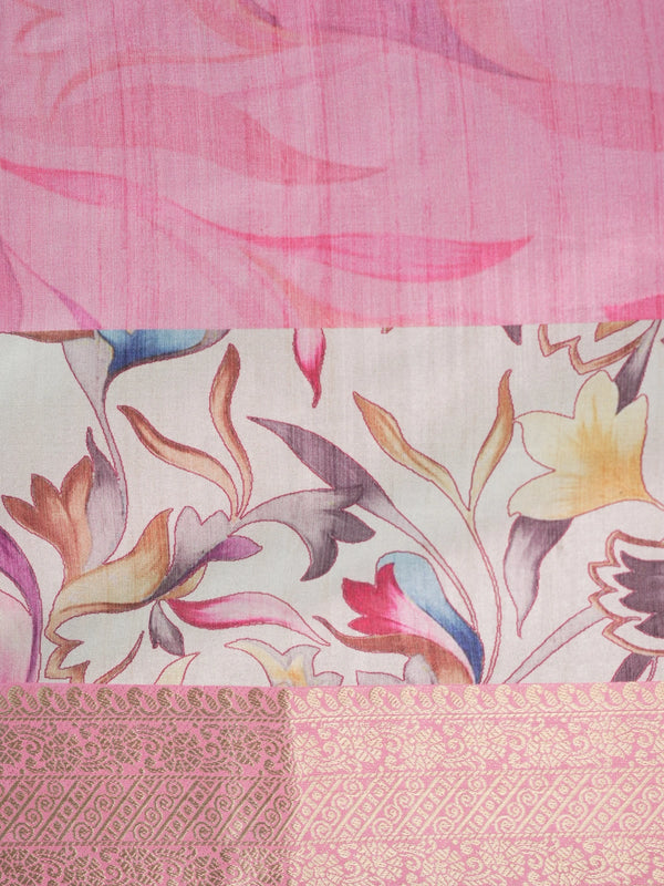Pink and cream Dola silk saree with multicolour floral print and gold zari border