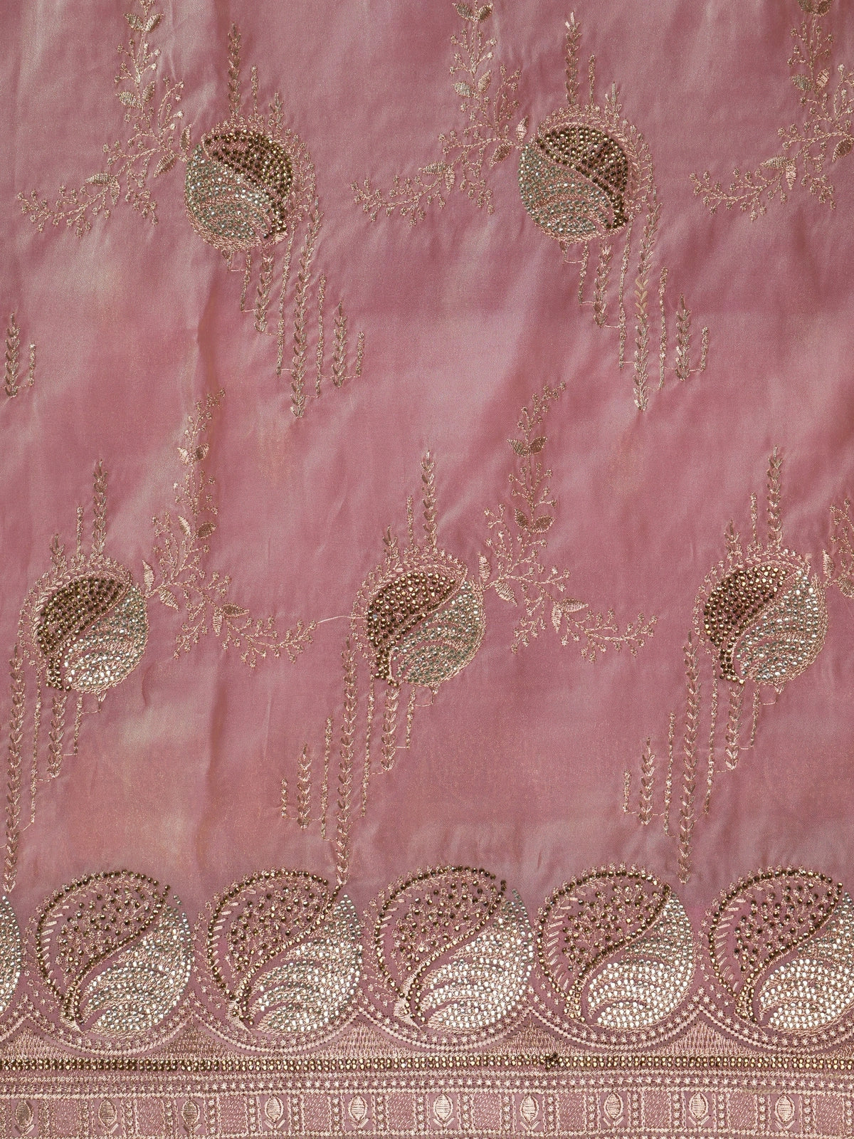 Blush pink organza designer saree with gold zari and sequin embroidered floral and paisley motifs and scalloped border