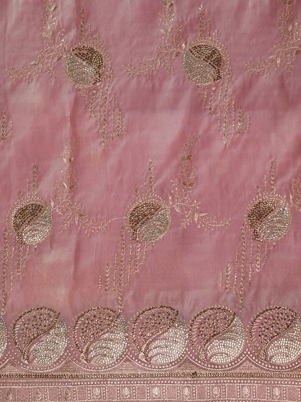 Blush pink organza designer saree with gold zari and sequin embroidered floral and paisley motifs and scalloped border