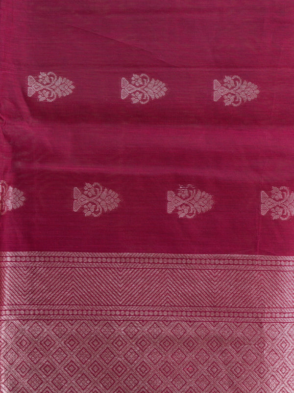 Magenta silk cotton saree with silver zari floral buttis and woven border