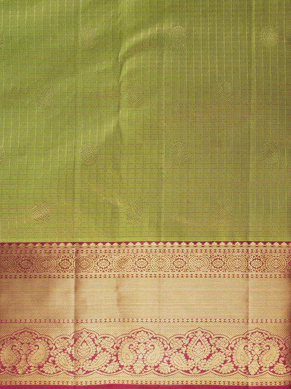 Parrot green pure Kanchipuram silk saree with contrast maroon and gold zari border and pallu