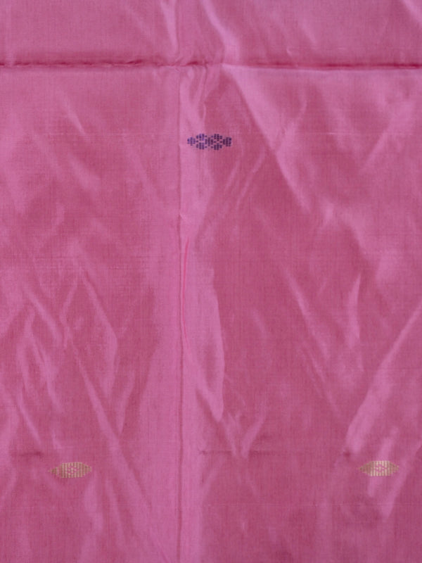 Pink banana silk saree with contrast blue pallu, butta motifs and striped border