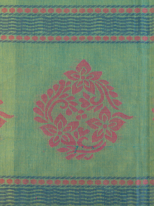 Green silk cotton saree with contrast pink border and pink and blue floral butta motifs