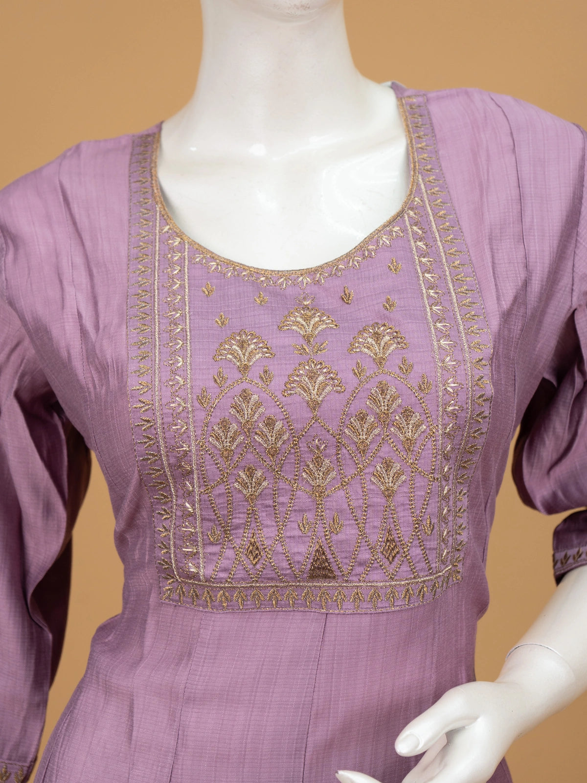 Lavender zari embroidered cotton Anarkali kurti top with gold floral yoke