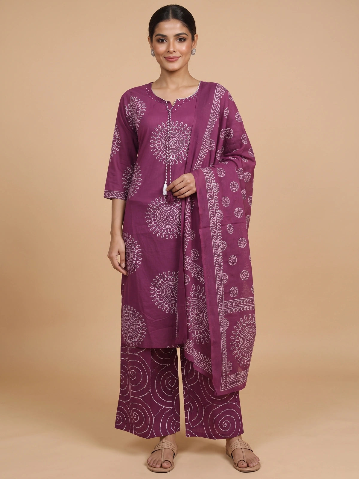 Magenta and white bandhani print cotton kurti set with straight palazzo pants and printed dupatta