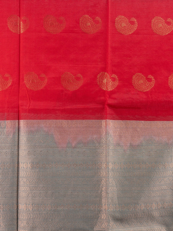 Red silk cotton saree with gold zari paisley buttas and contrast grey zari border and pallu