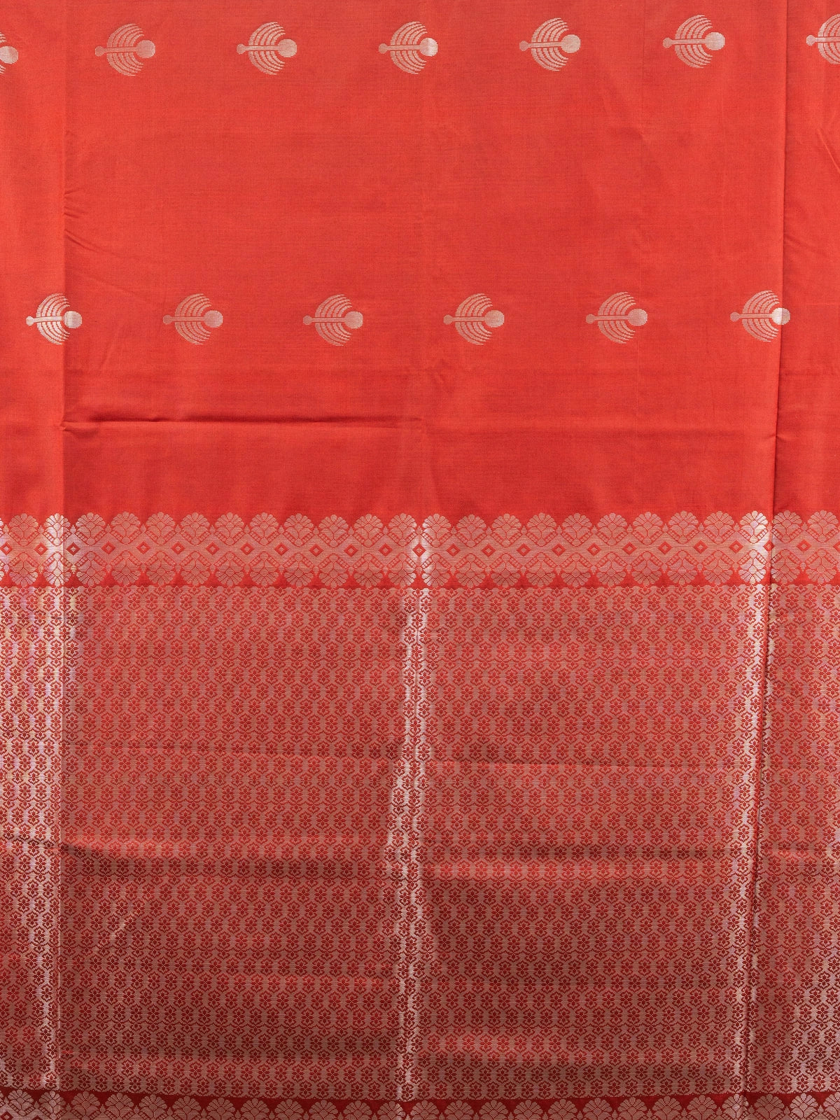 Red Kanchipuram fancy silk saree with beige contrast border and silver zari pallu