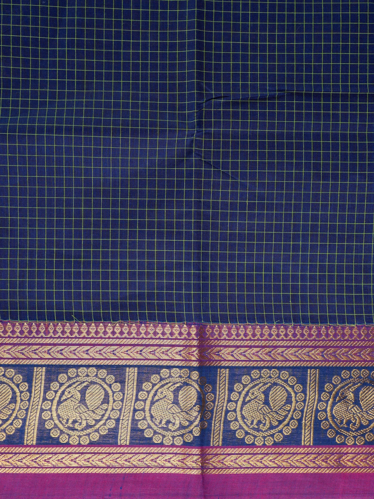 Navy blue Chettinad cotton saree with green checks and magenta gold zari peacock border