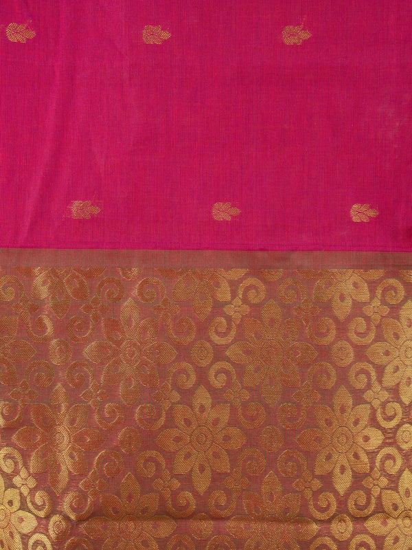 Pink Chettinad cotton saree with contrast green-and-gold zari border, gold buttas, and ornate gold pallu