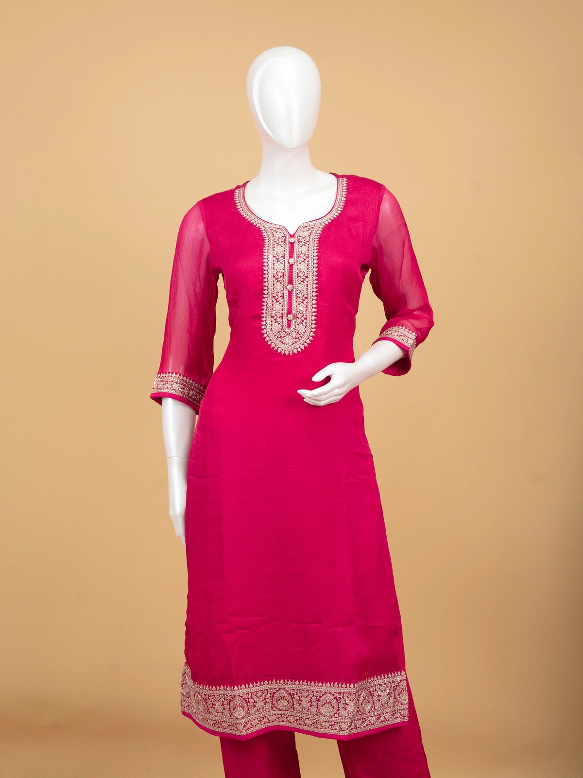 Rani Pink zari embroidered chiffon straight cut kurti set with bandhani dupatta