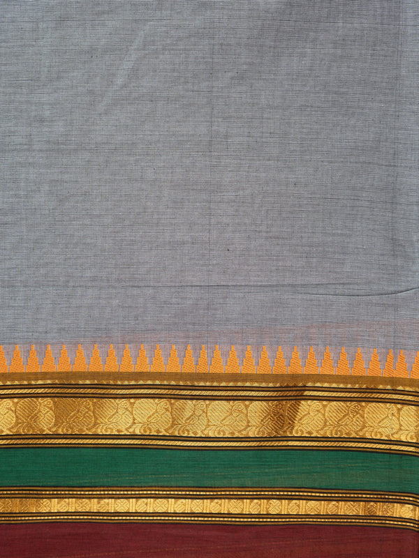 Grey Chettinad cotton saree with contrast mustard, maroon and green border and gold zari temple motifs