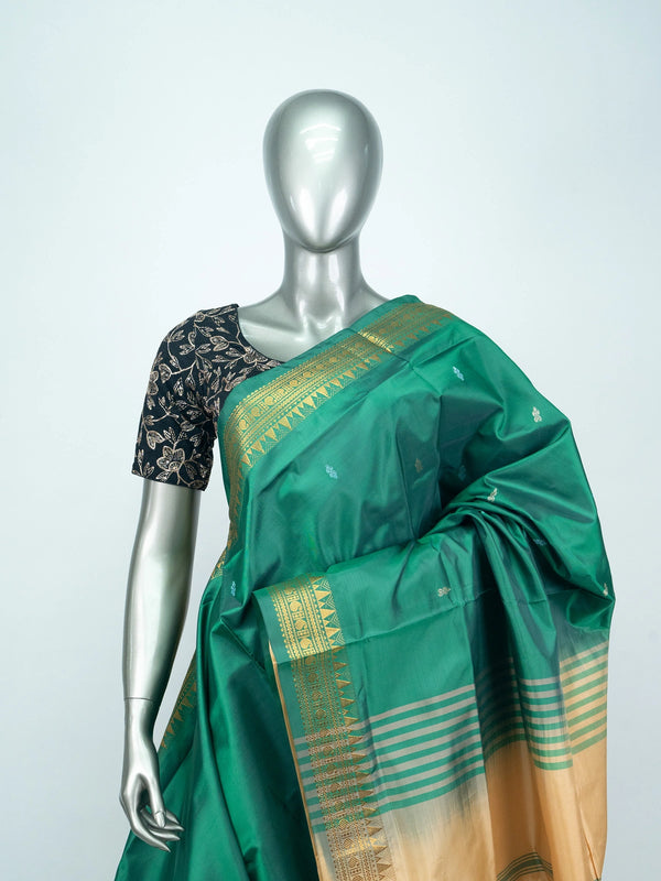Green BanCream Banana Silk saree with gold zari border and buta mot