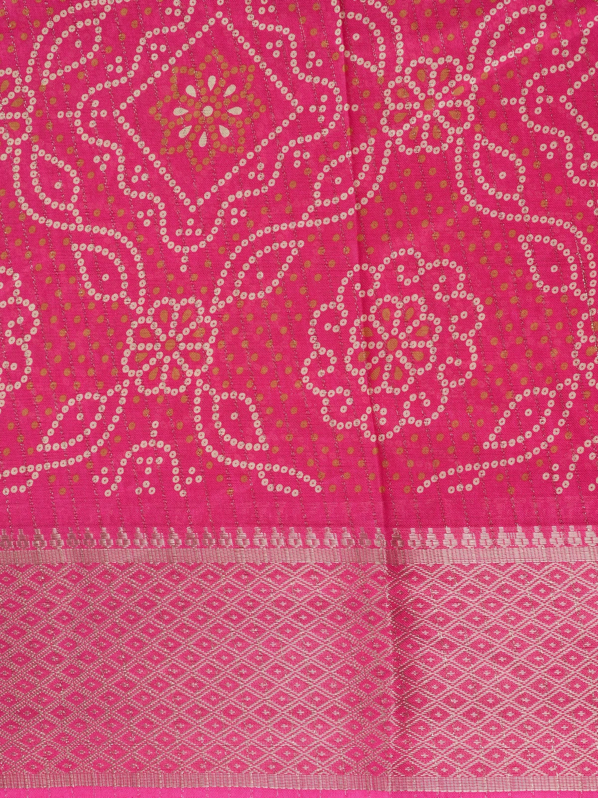 Pink Dola silk saree with cream bandhani-style print and contrast zari diamond border
