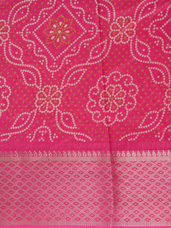 Pink Dola silk saree with cream bandhani-style print and contrast zari diamond border