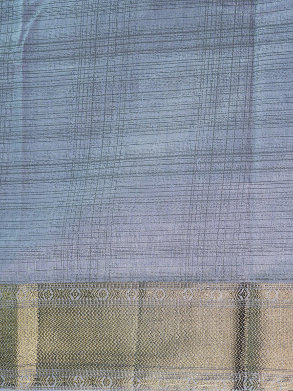Grey semi tussar saree with crosshatch weave and gold zari border