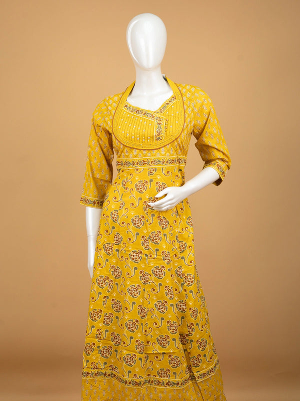 Mustard Yellow floral block print cotton Anarkali kurti set with dupatta
