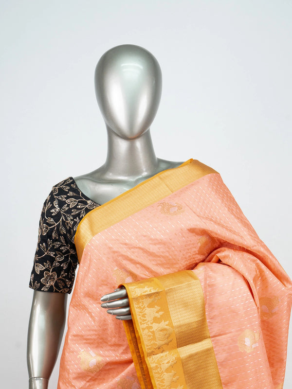 Peach semi silk Vaira Oosi Design saree with mustard-gold contrast zari border and buttas