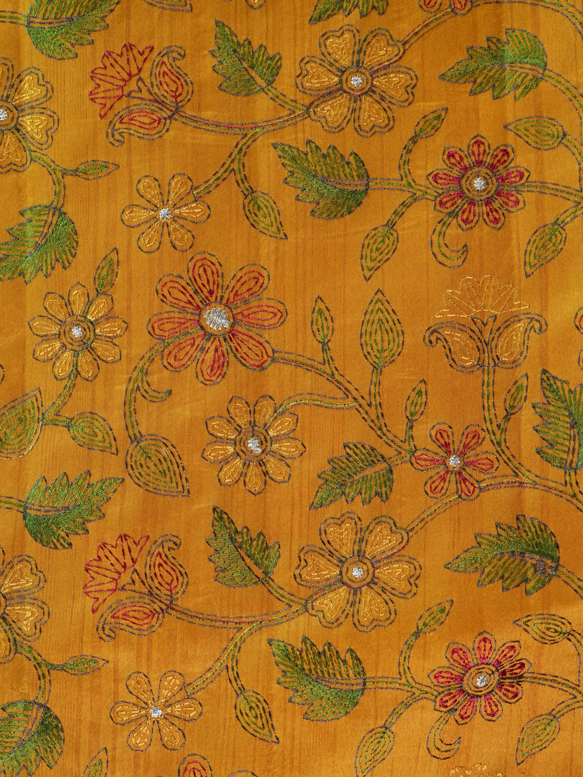 Mustard yellow semi tussar saree with allover multicolour floral embroidery and embroidered pallu