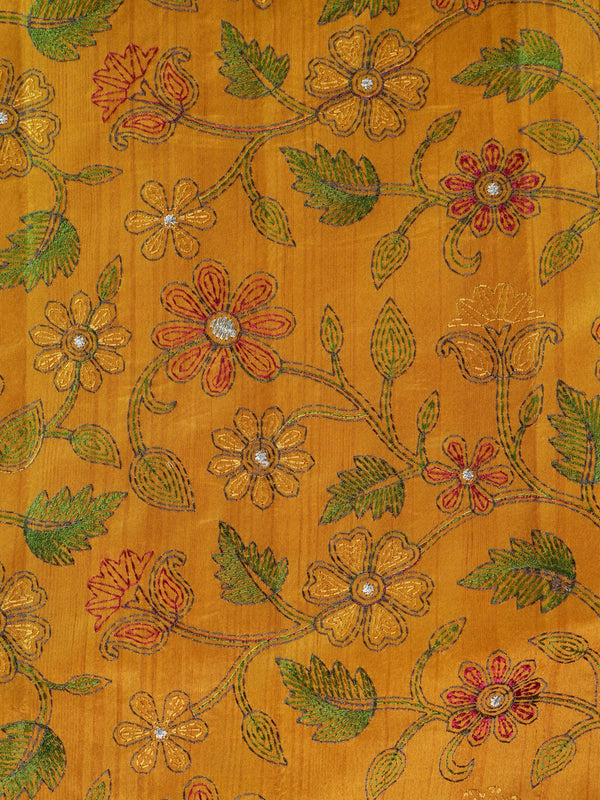 Mustard yellow semi tussar saree with allover multicolour floral embroidery and embroidered pallu