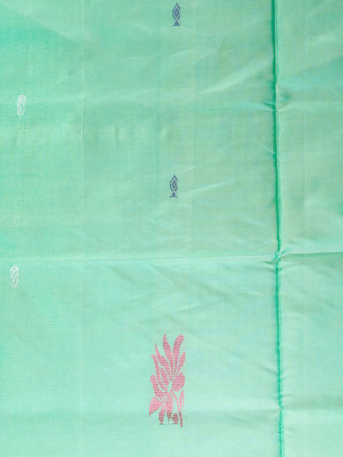 Sea green Banana Silk saree with contrast pink striped pallu and silver zari buttas
