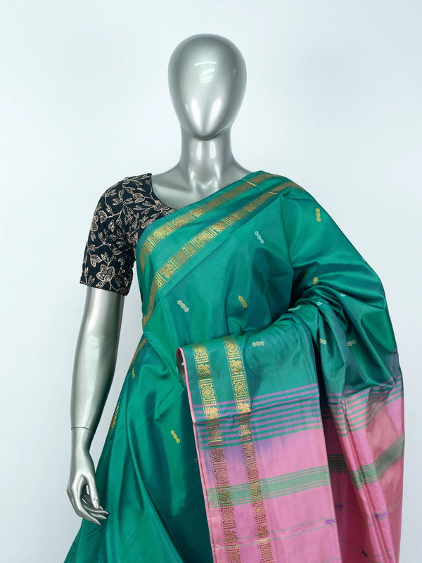 Green Banana Silk saree with contrast pink pallu and gold zari border