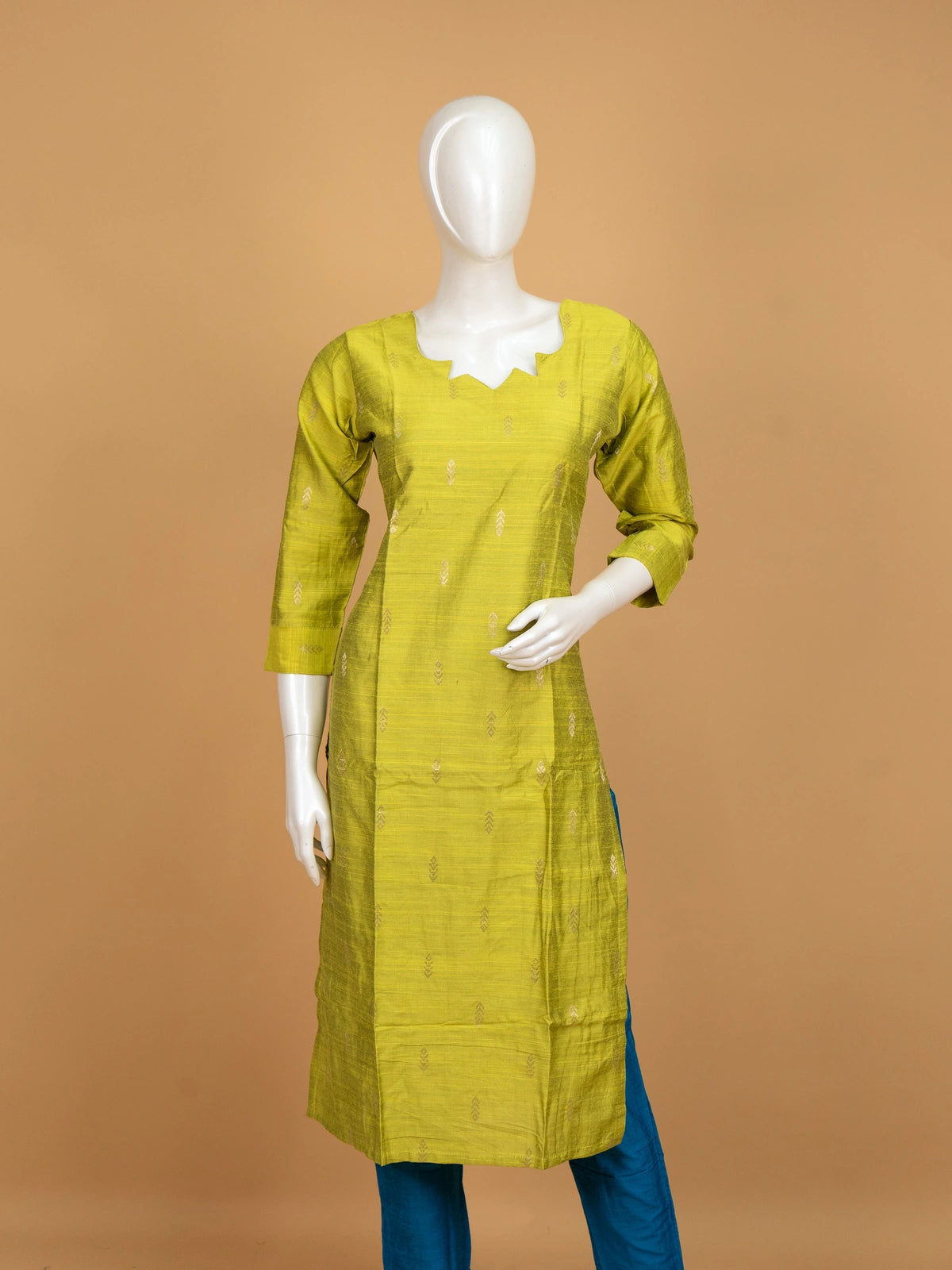 Lime green silk blend straight cut kurti set with zari butis and teal blue dupatta