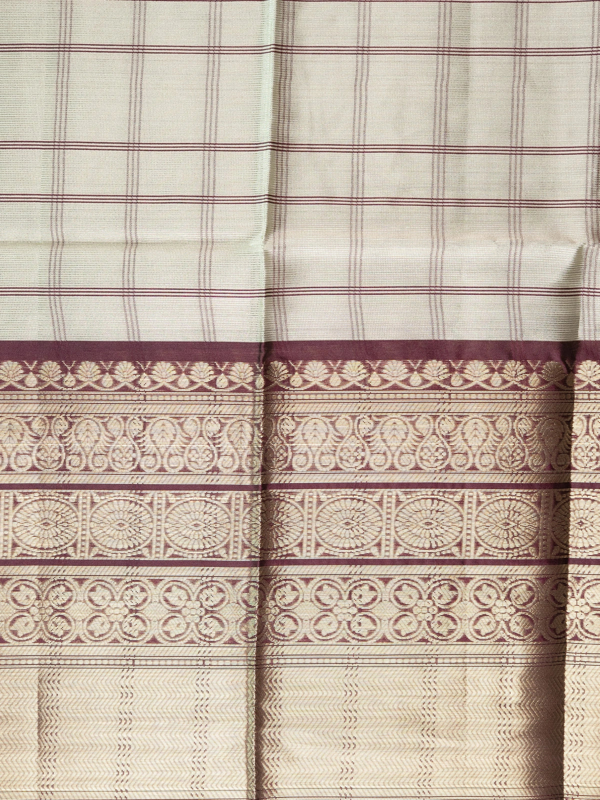 Sage grey checked Kanchi semi silk saree with contrast wine border and gold zari pallu
