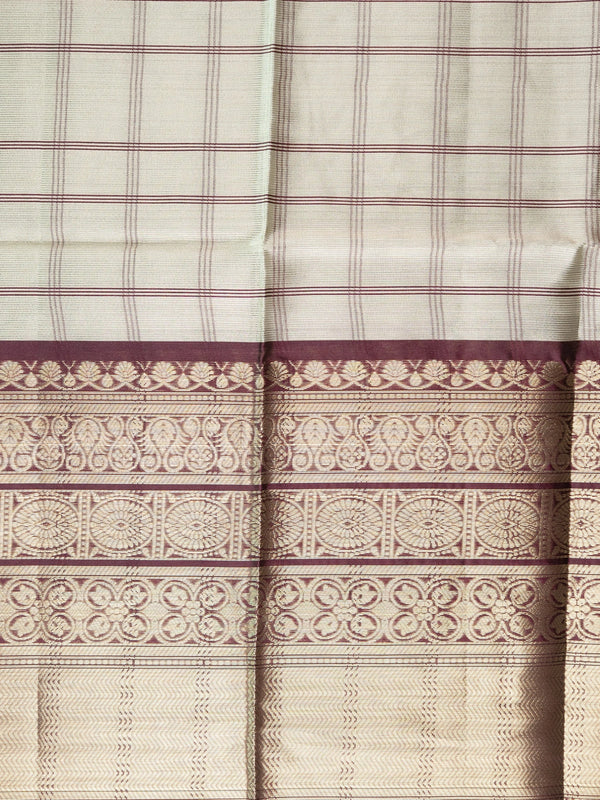 Sage grey checked Kanchi semi silk saree with contrast wine border and gold zari pallu