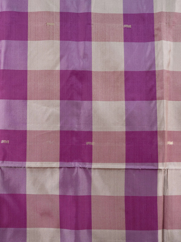 Purple and beige checked banana silk saree with gold zari pallu and magenta border