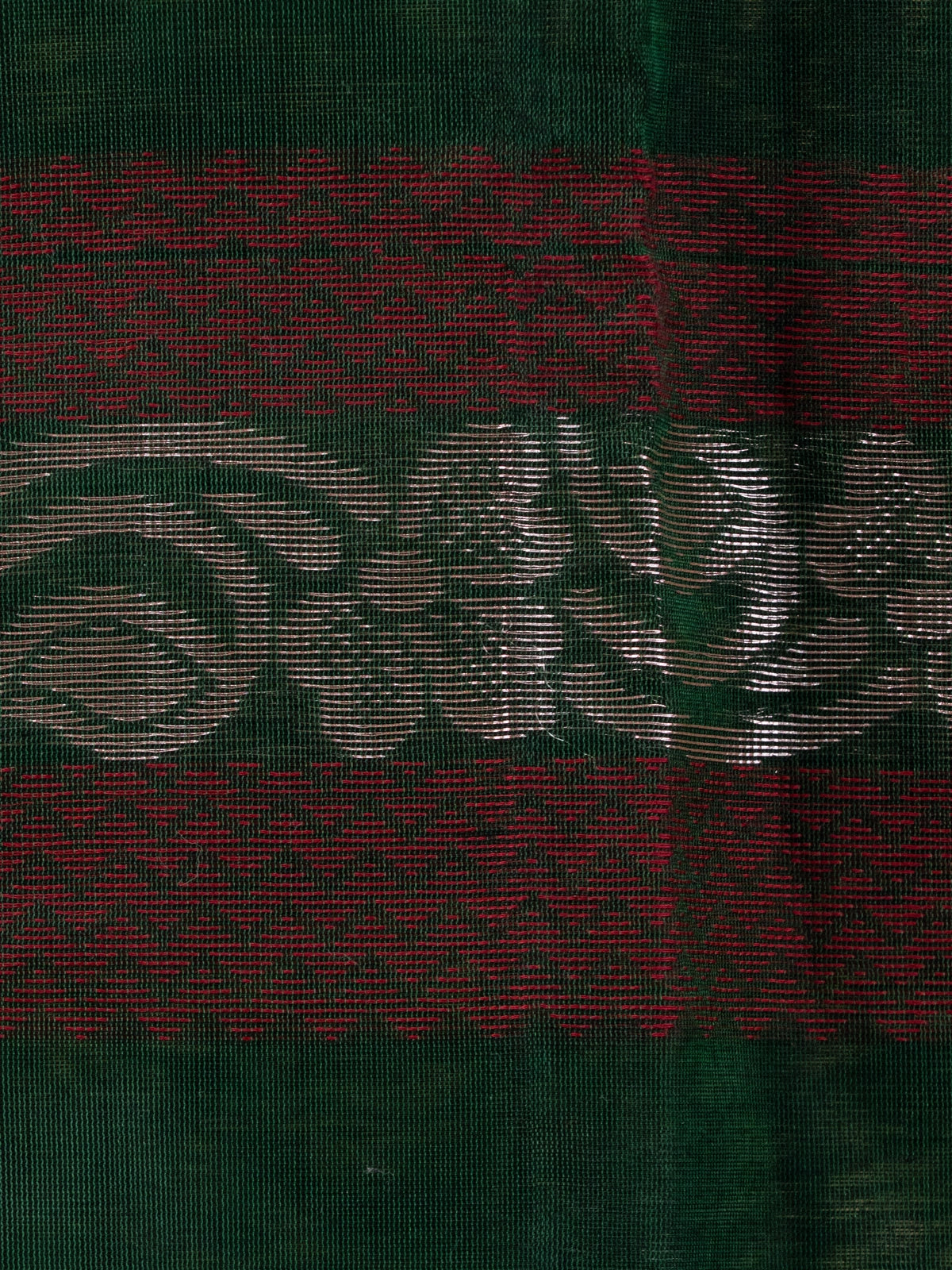 Dark green silk cotton saree with contrast maroon border, copper-gold stripes and silver woven buttas