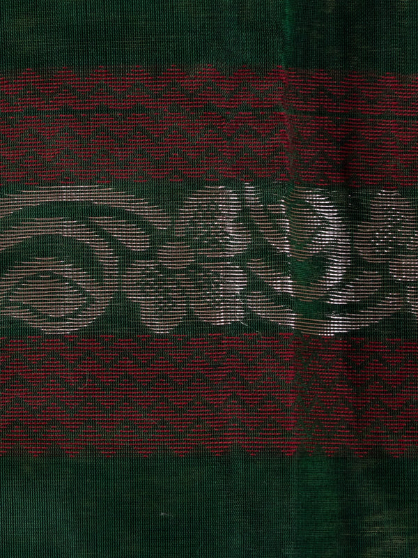 Dark green silk cotton saree with contrast maroon border, copper-gold stripes and silver woven buttas