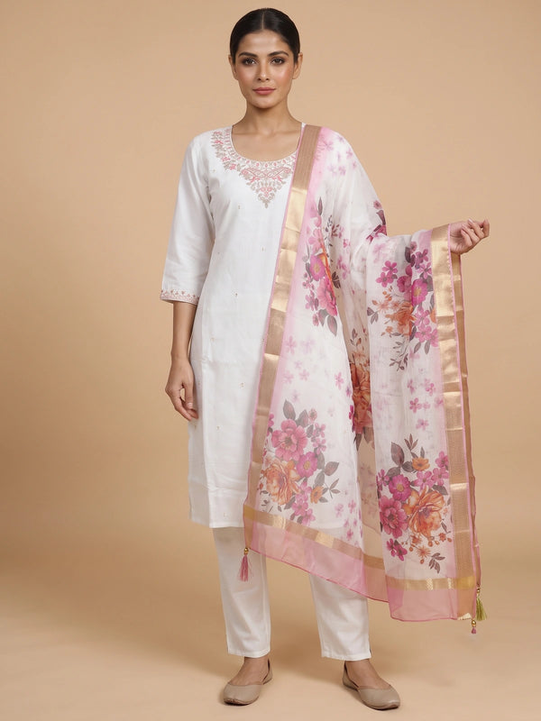 White cotton silk kurti set with zari embroidered neckline and pink floral printed dupatta