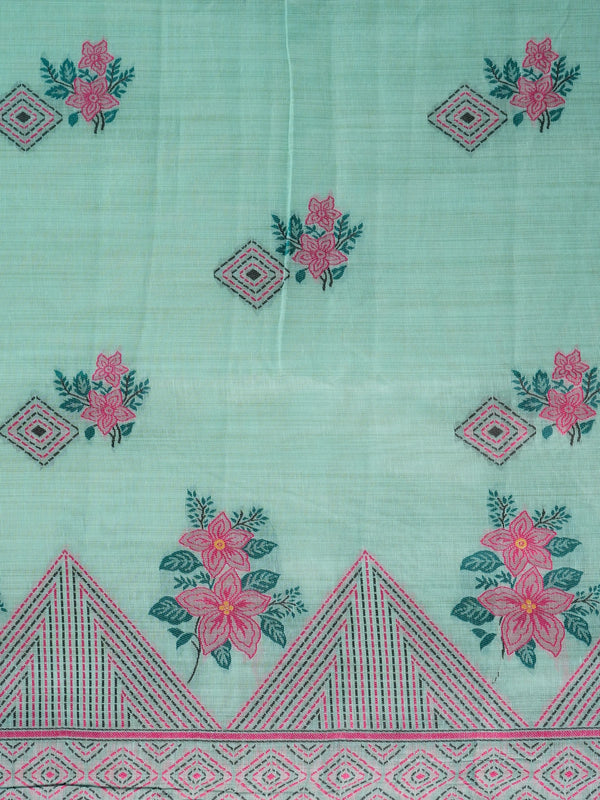 Mint green linen cotton saree with pink floral prints and geometric diamond border