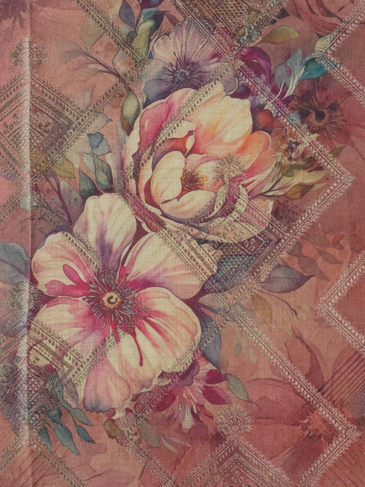 Dusty rose and mauve Semi Tussar saree with floral print and contrast zari border