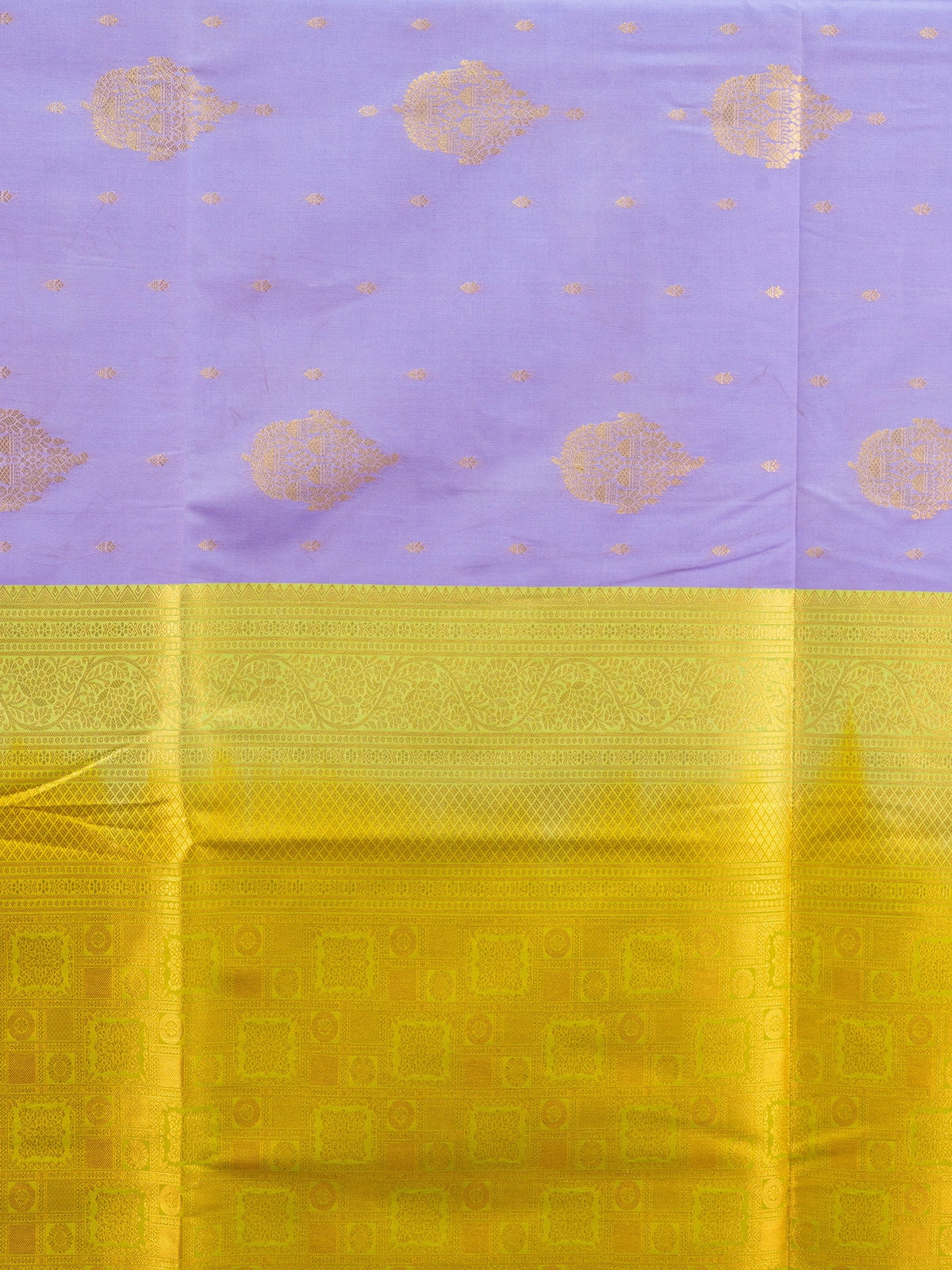 Lavender semi silk saree with contrast lime-green gold zari border and pallu