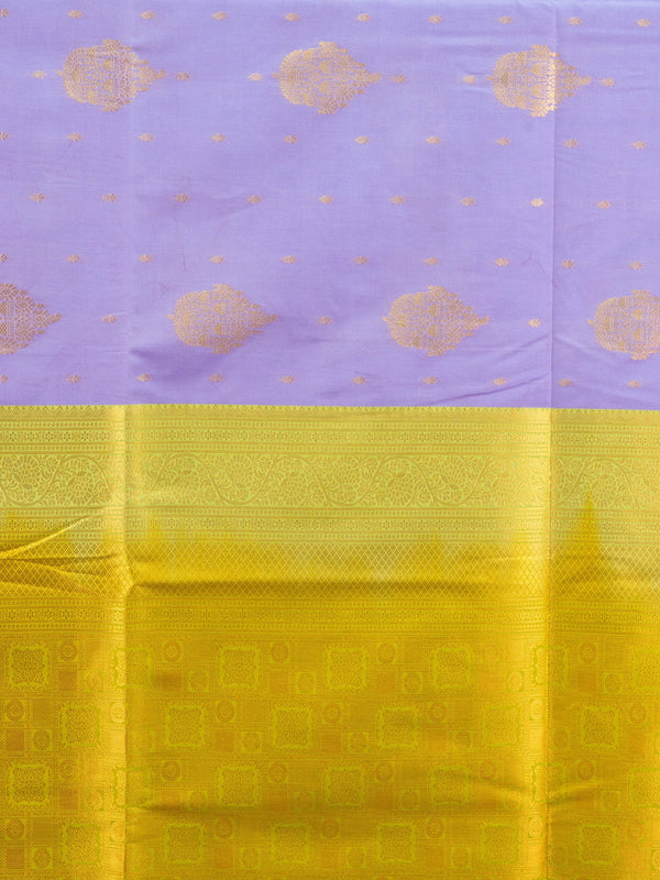Lavender semi silk saree with contrast lime-green gold zari border and pallu