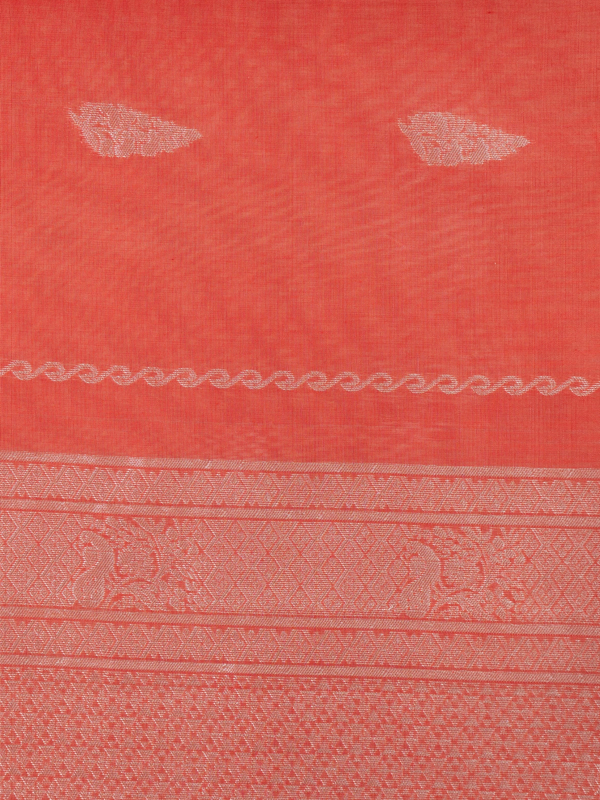 Coral orange silk cotton saree with silver zari buttis and ornate zari border