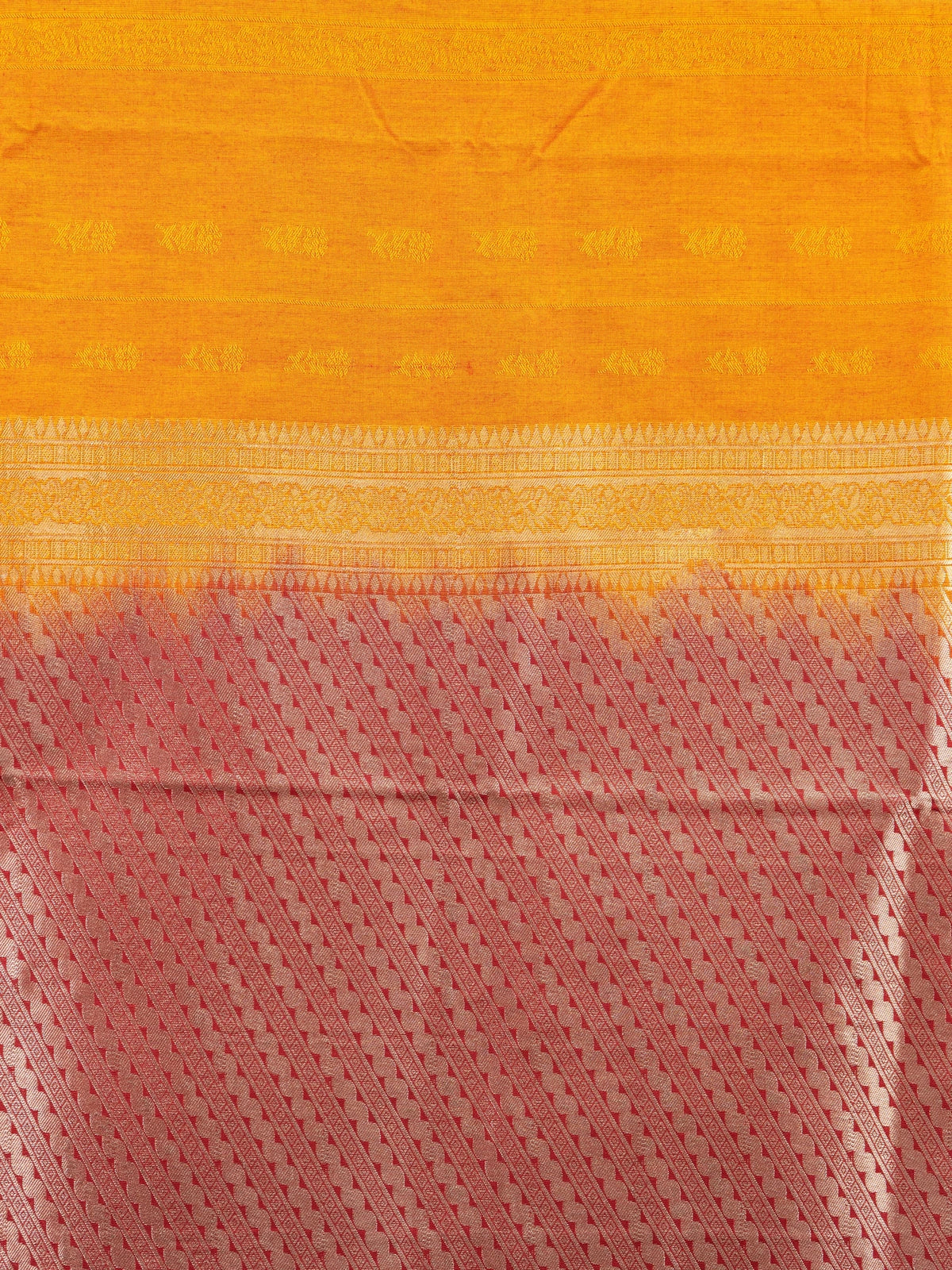 Mustard orange semi silk saree with maroon silver zari contrast border and woven pallu