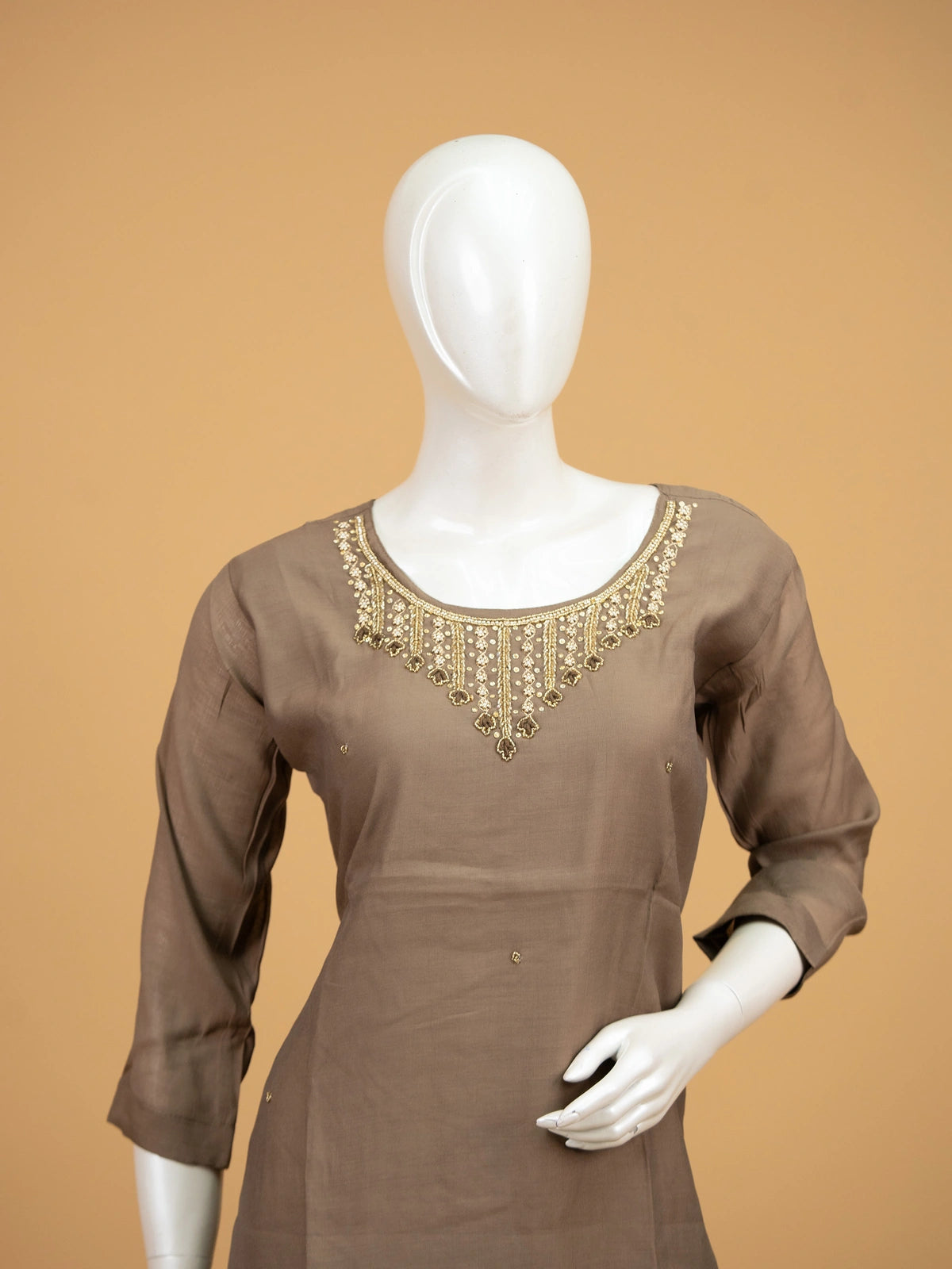 Taupe Brown embellished neckline cotton silk straight cut kurti set with zari woven dupatta