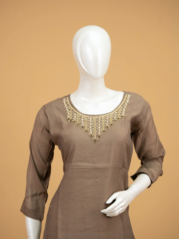 Taupe Brown embellished neckline cotton silk straight cut kurti set with zari woven dupatta