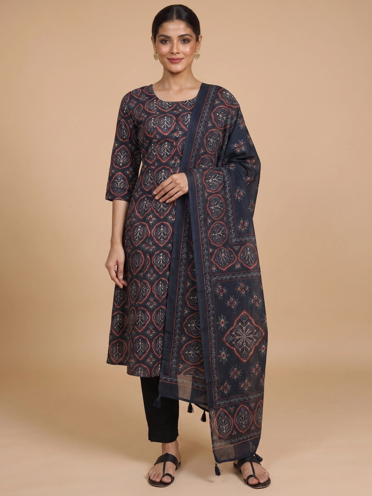 Navy Blue Ajrakh print cotton kurti set with matching printed dupatta and black straight pants