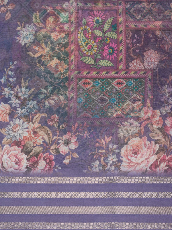 Purple and lavender organza designer saree with floral patchwork print and gold zari border